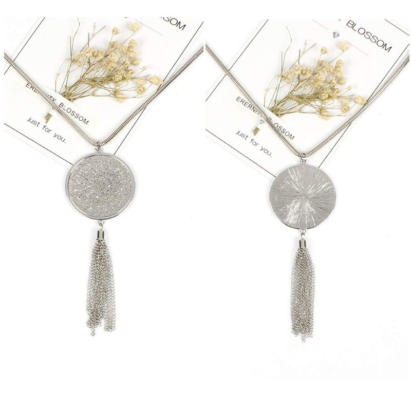 SEVENSTONE 3PCS Long Pendant Necklaces for Women Knot Disk Circle Tassel Statement Sweater Silver Necklace Set - Image 4